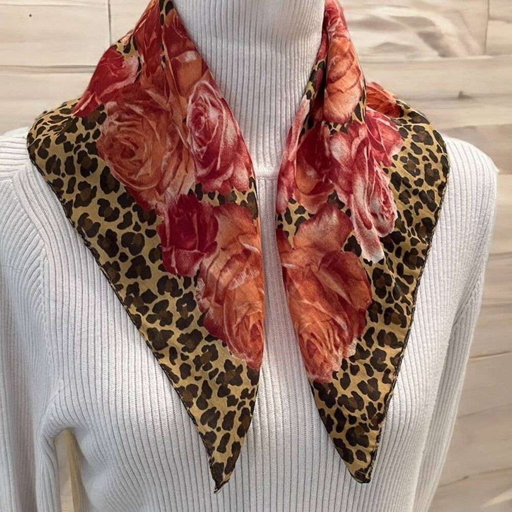 Vintage 90s Scarf Womens Floral Animal‎ Print Border Roses Cottagecore Grandma